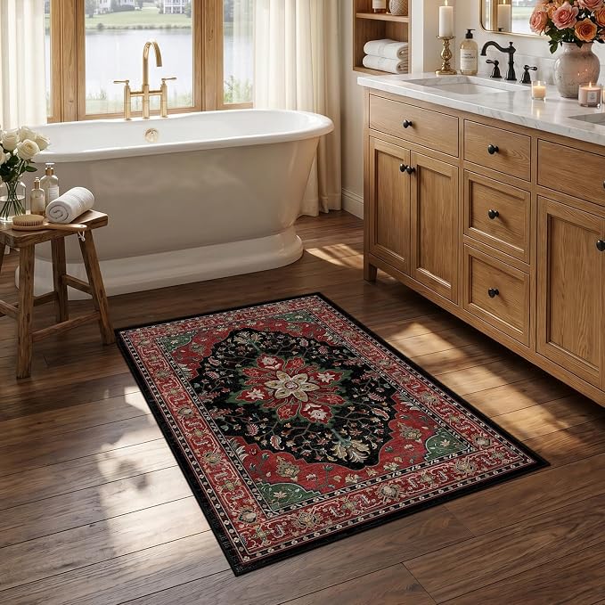 RELEANY Area Rugs Small 2'6"x4' Washable Non-Slip, Floral Vintage Distress Medallion Carpet for Kitchen Entryway Bathroom, Red Black