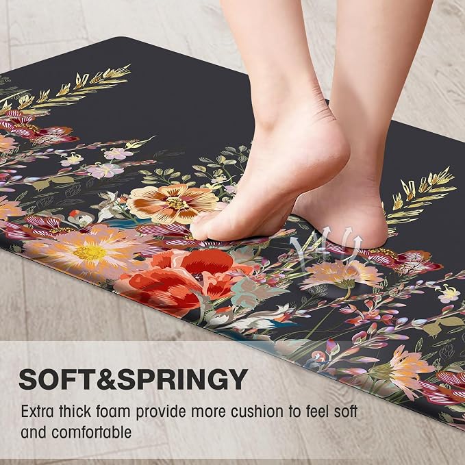 MAYHMYO Anti Fatigue Kitchen Mat Non Slip Waterproof Cushioned Floral Kitchen Rug for Standing Desk Sink Laundry