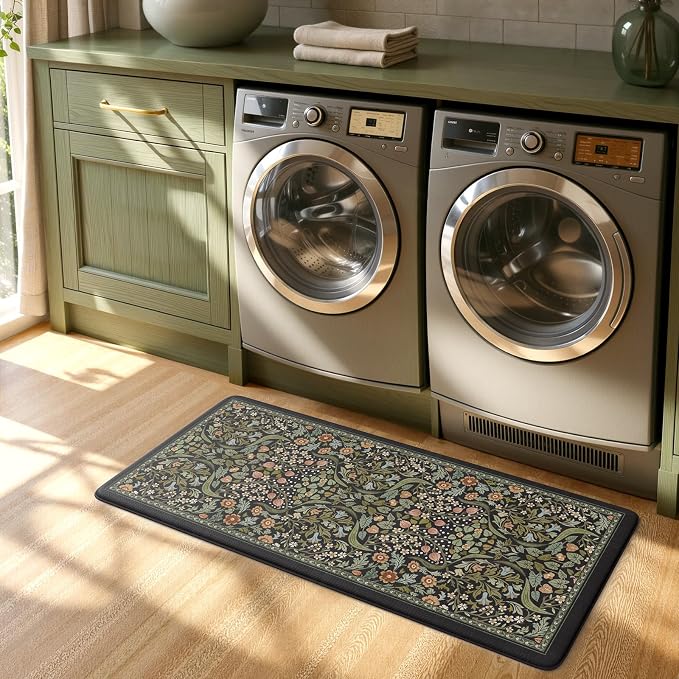 Collive Anti Fatigue Kitchen Mats, Cushioned Floral Kitchen Rugs Non Slip Waterproof Standing Mat, Black Vintage Comfort Desk Rug for Office, Sink, Laundry, 20"x39"