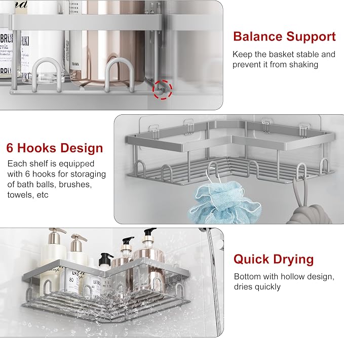 Liuoud Corner Shower Caddy 5 Pack, Rustproof Stainless Steel Shower Organizer with Soap Rack Toothbrush Holder, Large Capacity Adhesive No Drilling Bathroom Kitchen&Home Decor Set, Grey