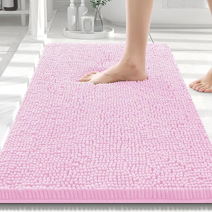 Smiry Luxury Chenille Bathroom Rugs 30x20, Extra Soft and Absorbent Shaggy Bath Mat, Machine Washable, Non-Slip Plush Carpet Runner for Tub, Shower, and Floor, Home Decor Accessories, Pink