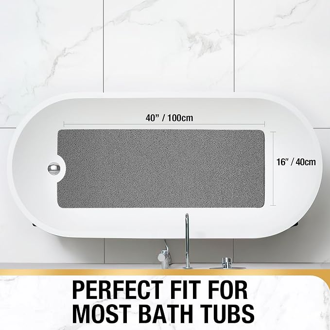 HITSLAM Non Slip Bathtub Mat 40 x 16 Inch, Extra Long Bath Mat for Tub, Soft PVC Loofah Shower Floor Mat with Drain, Quick Drying Bathroom Tub Mat for Wet Area, Without Suction Cup, Grey