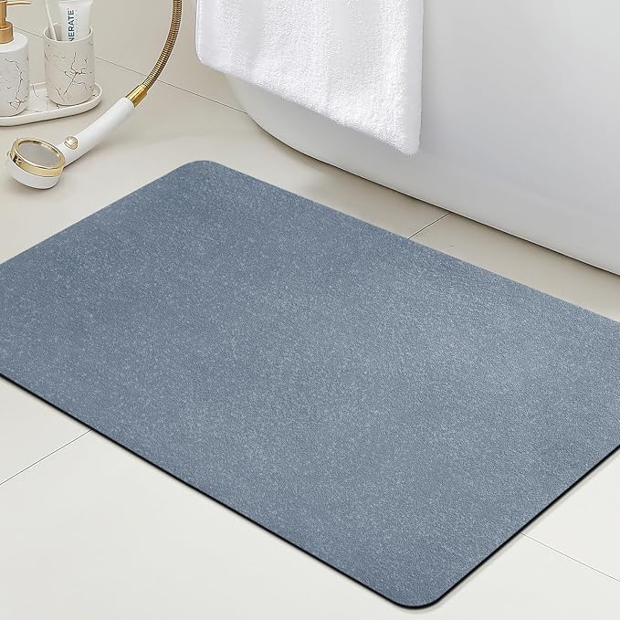 ACCUMTEK Non Slip Bath Mat, Thin Bathroom Rugs Fit Under Door, Quick Dry Bath Mats, Machine Washable Bath Rugs for Bathroom, Bathtub & Kitchen, Haze Blue/Upgraded Solid/32 x20