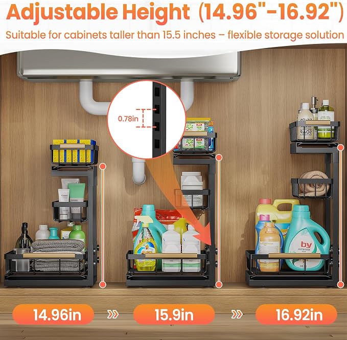 Under Sink Organizer and Storage for Bathroom and Kitchen - 2 Pack 3 Tier Under Cabinet Pull Out Shelf Organizers - Slide Out Drawer Organization for Home Cabinets Shelves and Drawers