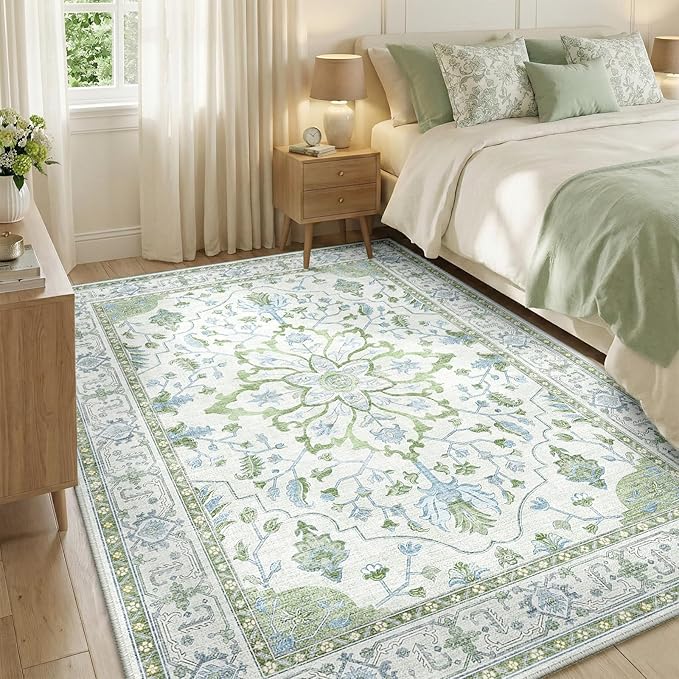 RELEANY Area Rugs 5'x7' Washable Non-Slip, Floral Vintage Distress Medallion Carpet for Living Room Bedroom Dining Room, Green White Blue