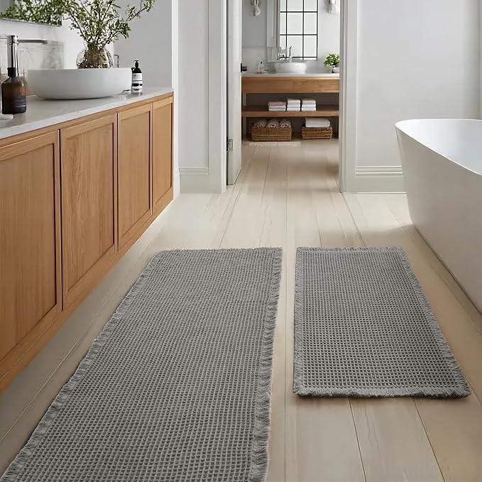 JIUZHEN Set of 2 Waffle Bath Mats Non Slip Waffle Bathroom Runner Rug Washable Boho Runner Bath Rugs Super Absorbent Shower Mat for Bathroom Kitchen Hallway Laundry, 20" x 32" +24" x 48", Grey