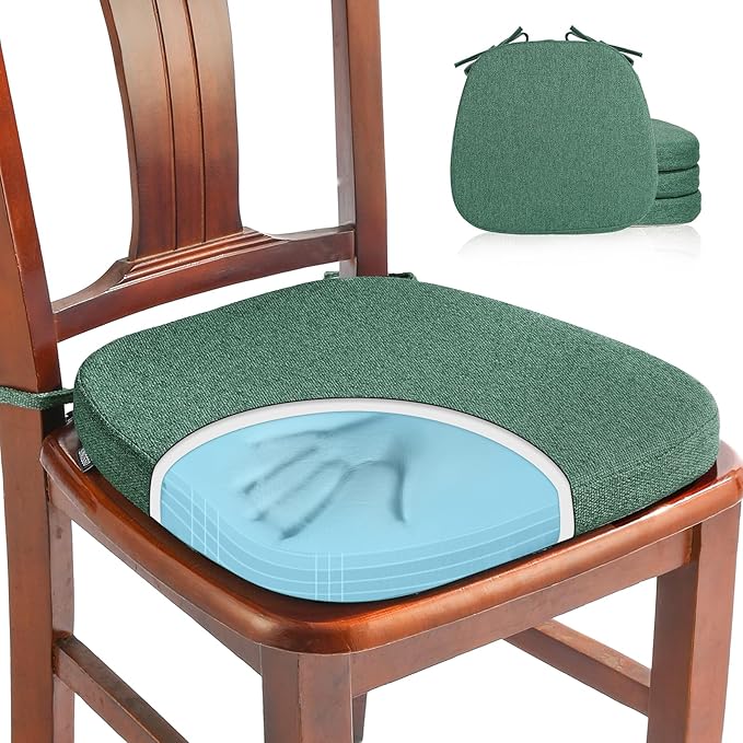 SINOSSO 4 Pack Memory Foam Chair Cushions for Dining Chairs, Friendly Woven Fabric 16" U-Shape Comfortable Kitchen Chair Pads, Removable Slip Resistant Seat Cushions (Set of 4, Green)
