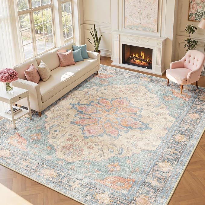 RELEANY Area Rugs Large 9'x12' Washable Non-Slip, Floral Vintage Distress Medallion Carpet for Living Room Bedroom Dining Room, Blue Orange Red