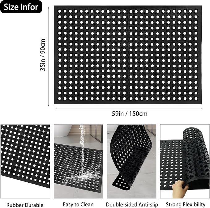 Nexboraque Large Rubber Mat Heavy Duty Drainage Mat 59" x 35" Anti-Fatigue Floor Mat for Kitchens Garage Garden Restaurants Workshops Indoor Outdoor