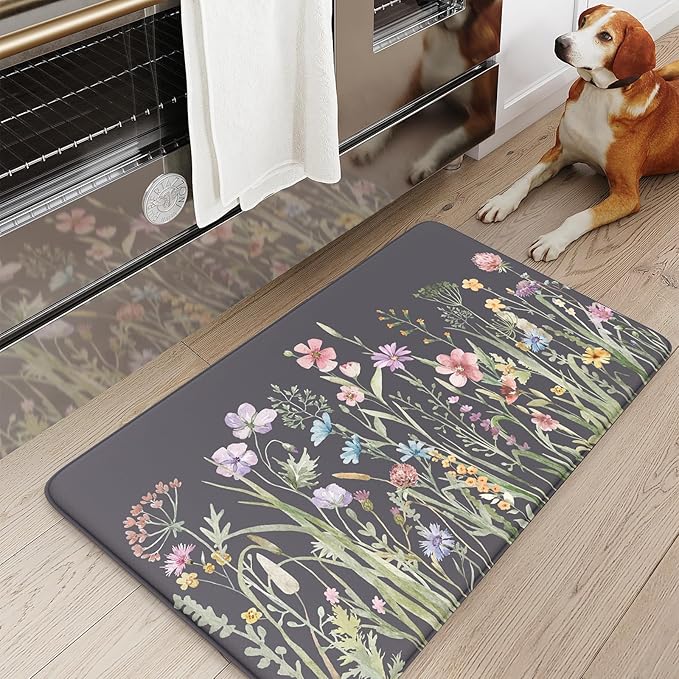 KIMODE Anti Fatigue Kitchen Mat for Floor, 17.3"x29" Farmhouse Kitchen Rug Non Skid, Cushioned Padded Kitchen Floor Mat, Comfort Standing Mat for Laundry, Office, Sink, Desk Dark Grey/Purple