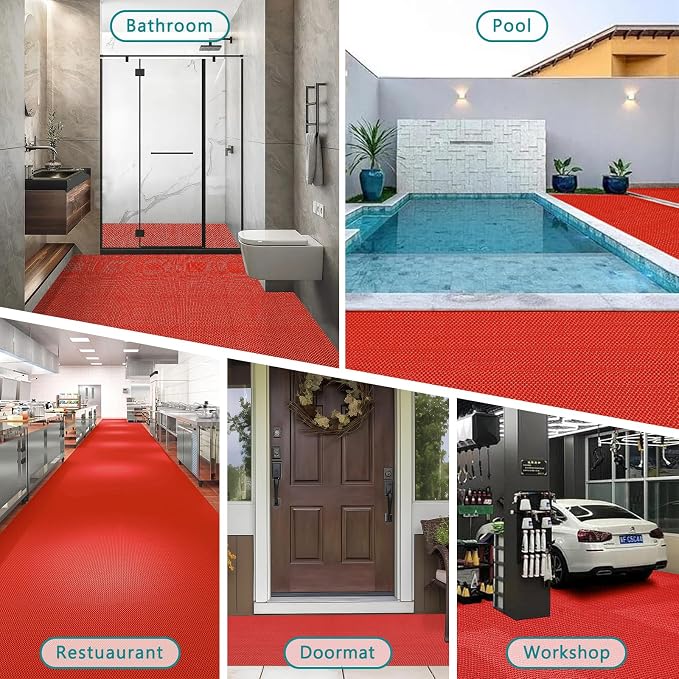 WochiTV Non Slip Drainage Mats PVC Pool Floor Mat 0.23'' Thick Outdoor Indoor Parking Space Mat for Bathroom Garage Basement Backyard Commercial Kitchen 3x10Ft Red