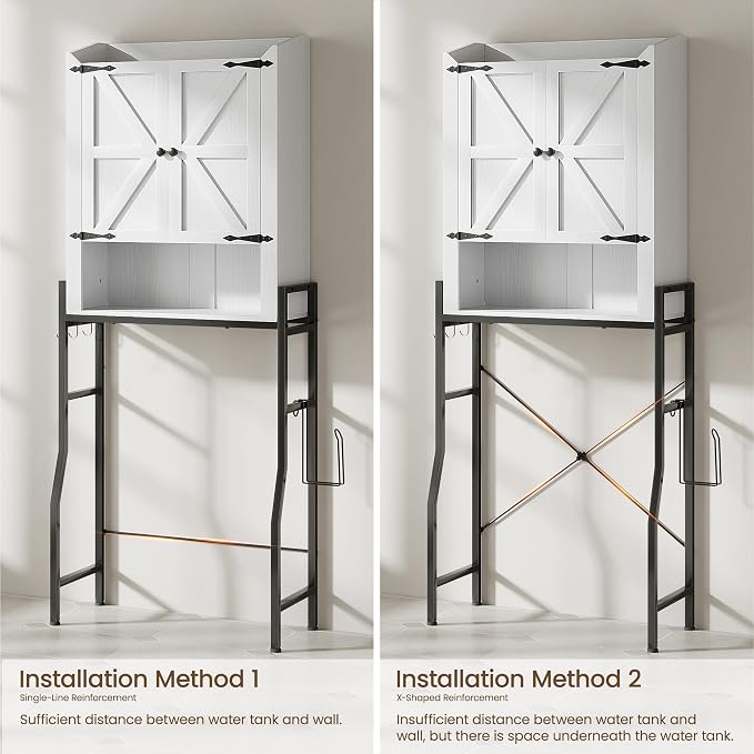 Memobarco Over The Toilet Storage Cabinet, Over Toilet Organizer with 2-Door & Metal Stand, Bathroom Organizers and Storage with Adjustable Shelves for Bathroom, Restroom, Laundry, White