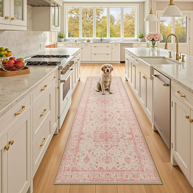 RELEANY Area Rugs Runner 2'x8' Washable Non-Slip, Floral Vintage Distress Medallion Carpet for Kitchen Hallway Bedroom Beside Laundry Room Bathroom, Pink Light Vintage Pink