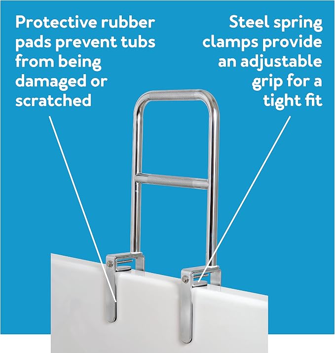 Carex Tri-Grip Bathtub Rail with Chrome Finish - Bathtub Grab Bar Safety Bar For Seniors and Handicap - For Assistance Getting In and Out of Tub, Easy to Install on Most Tubs,Silver