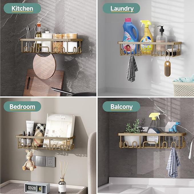 Veken Shower Caddy 6-Pack, No Drilling & Rustproof, Waterproof Adhesive Shelves Rack with Soap Holder, Large Capacity Bathroom Organizers and Storage, Wall-Mounted Kitchen & Home Decor, Matte Gold