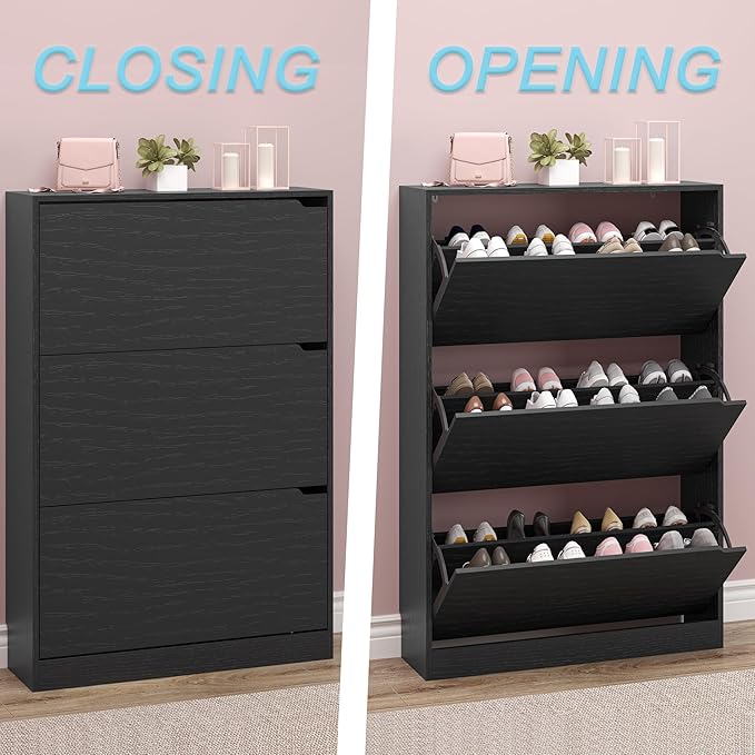BORNOON Shoe Storage Cabinet with 3 Flip Drawers,Narrow Shoe Rack Cabinet,Freestanding Organizer Storage for Entryway, Hallway, Black