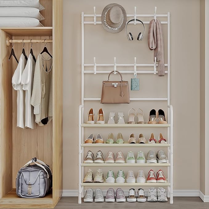 Coat Rack Shoe Rack With Storage Shelf Freestanding with 8 Hooks for Entryway Bedroom Closet (White, 4Tiers)