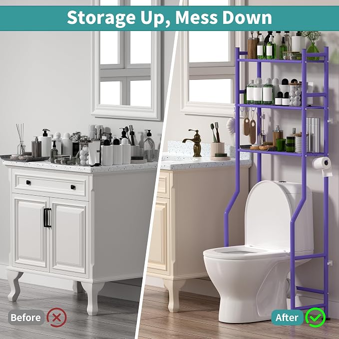 3-Tier Over The Toilet Storage Organizer, Space-Saving Bathroom Rack with Paper Holder & 4 Hooks, 64" Tall Freestanding Carbon Steel Shelf for Small Apartment Laundry Room (Purple)