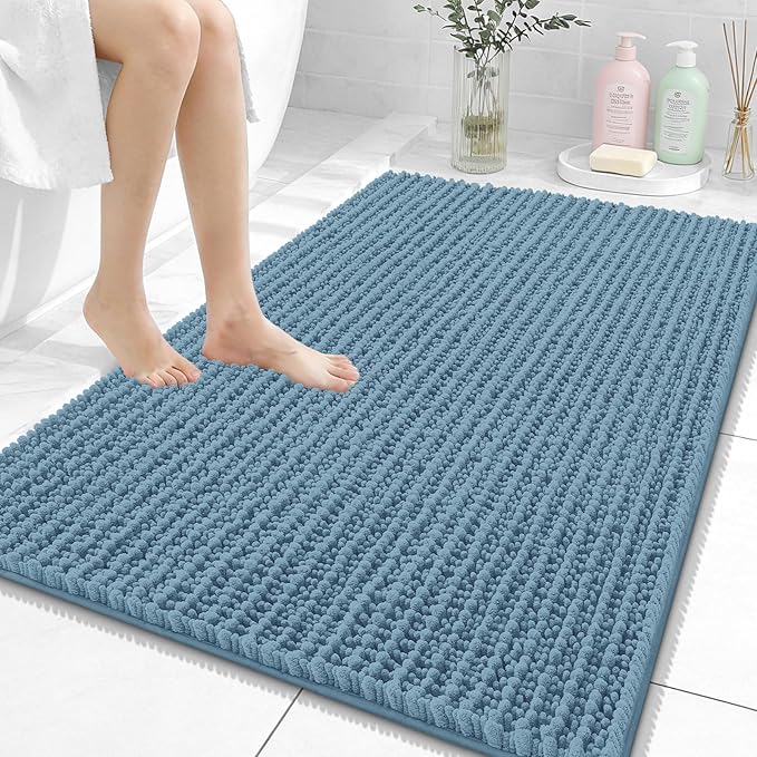 OLANLY Bathroom Rug Mat 40x32, Thick Soft and Absorbent Chenille Bath Mat, Non-Slip Rubber Backing, Machine Washable Quick Dry Bath Rugs for Tub Shower Floor, Home Decor Accessories, Airy Blue