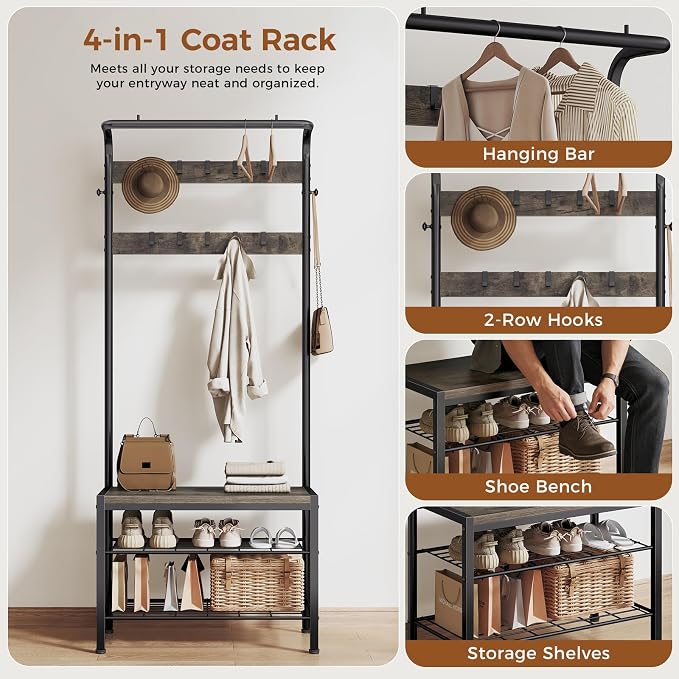 Hall Tree with Bench and Shoe Storage, 4-in-1 Entryway Organizer with 10 Hooks and Storage Shelf,Coat Rack Freestanding with 2-Tier Storage Shelf for Living Room, Bedroom Gray