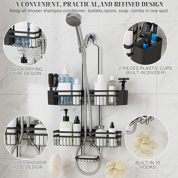 Shower Caddy Hanging for Bathroom Organizers and Storage - 3-Tier Adjustable Anti-Swing Shower Organizer Hanging with Heavy-Duty Suction Cups, Damage-Free Rustproof (Black)