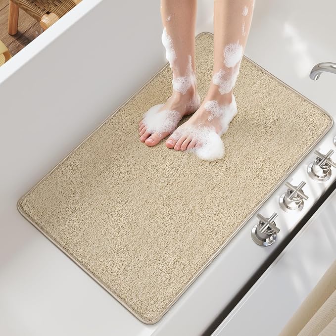 Non Slip Shower Mat Bathtub Mat 20x32 Inch, Quick Dry Bath Mat with Drain, Soft PVC Imitation Loofah Foot Scrubber Bath Mats for Bathroom Tub Shower Floor, Hangable & Hook Included, Beige