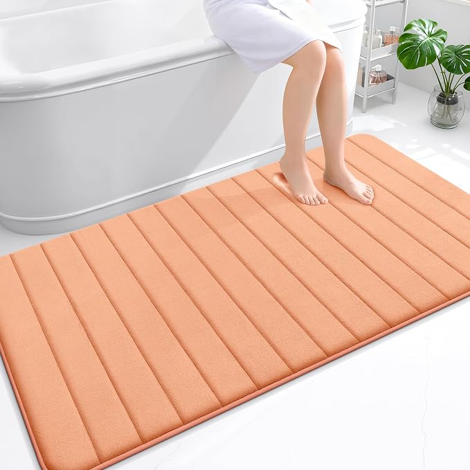 OLANLY Memory Foam Bath Mat 59x35, Super Soft Absorbent Bathroom Rugs, Quick Dry, Machine Washable Shower Floor Rugs, Bathmat Carpet, Bathroom Home Decor Accessories, Peach