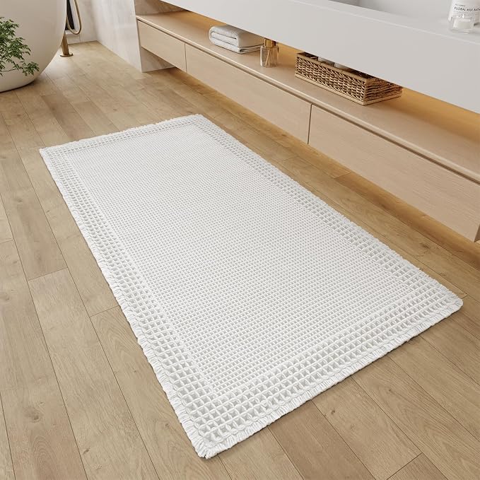 RESARE Waffle Bathroom Runner Rugs, Super Absorbent Bath Mat Non Slip Washable Quick Dry, Upgraded Ultra Soft Boho Bath Rugs with Tassels, Farmhouse Home Decor Accessories, 2'x4'(24"x48") White