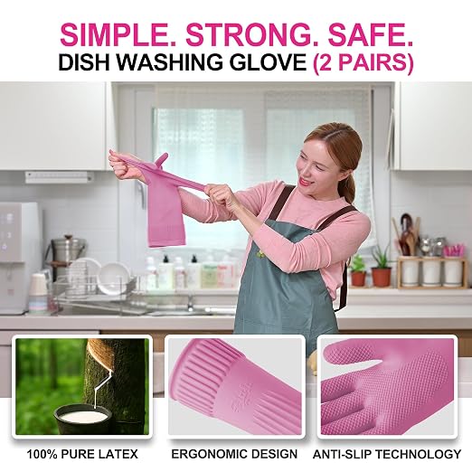 DABOGOSA Mamison 2 Pairs Reusable Waterproof Household Dishwashing Cleaning Rubber Gloves, Non-Slip Kitchen Glove (Pink, XXL (Pack of 2))