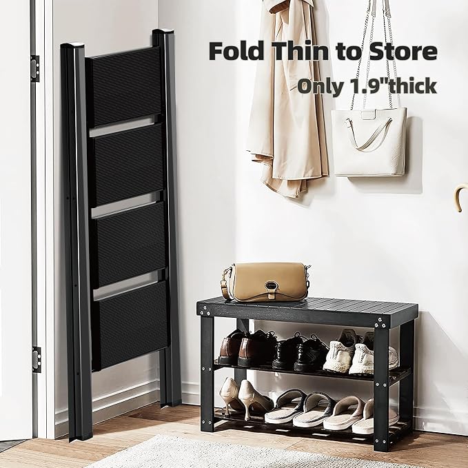 HillhutApex 4 Step Ladder, Lightweight Foldable 4 Step Stool with Anti-Slip Wide Pedal, 330lbs Capacity Aluminum Ladder for Household,Office,Garage(Black)