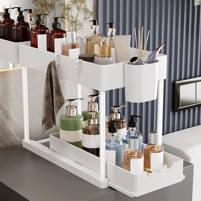 2 Pack Under Sink Organizers and Storage, 2-Tier Sliding Cabinet Organizer Drawer for Bathroom and Kitchen – Multi-Purpose Cabinet Organizer with Easy Pull-Out Design (White)