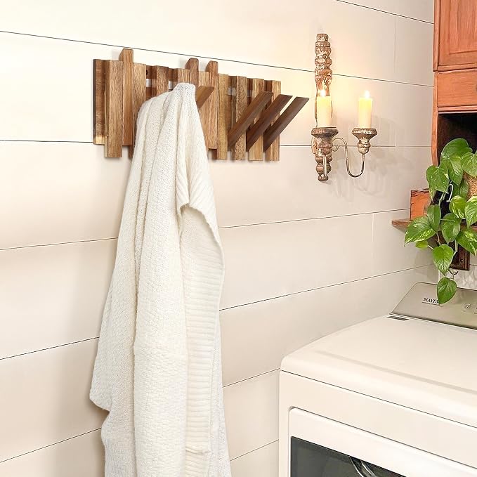 Wall Coat Rack for Entryway: Rustic Wooden Folding 8 Hooks Mount 16.5inch Decorative Piano Hanger for Farmhouse Hallway Bathroom for Towel Backpack Jacket (Staggered Style)