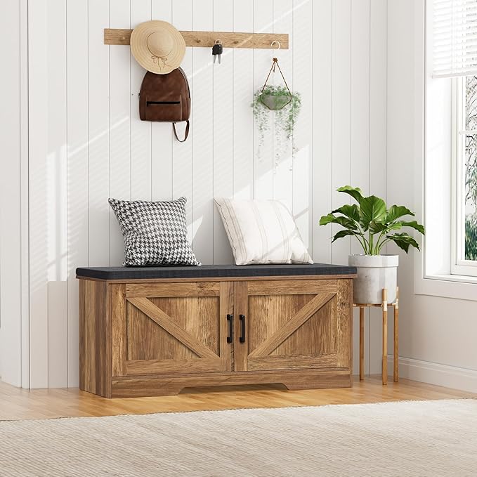 HOMSHO 2-Tier Storage Bench, 39.4" Wide Shoe Bench with Padded Seat Cushion, Entryway Bench with 2 Barn Doors and Adjustable Shelf, Rustic Walnut