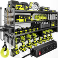 POKIPO Large Power Tool Organizer Wall Mount with Charging Station,4 Layer Heavy Duty Metal Tool Storage Rack Loads 600lbs with 8 Cordless Drill Holder,Battery Utility Rack Loads with 4 Power Strip
