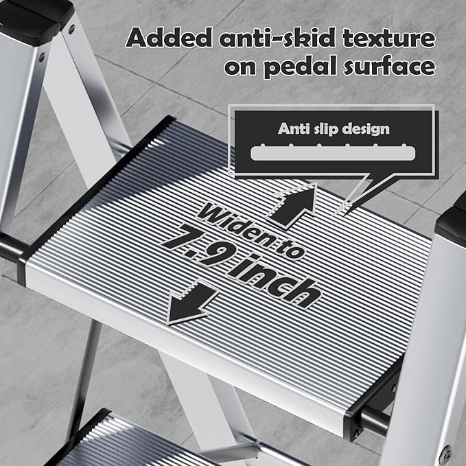 Taranta 3 Step Ladder,Aluminum Lightweight Folding 3 Step Stool with Anti-Slip Wide Pedal,330lbs Capacity Step Ladder for Household,Kitchen,Office - Silver