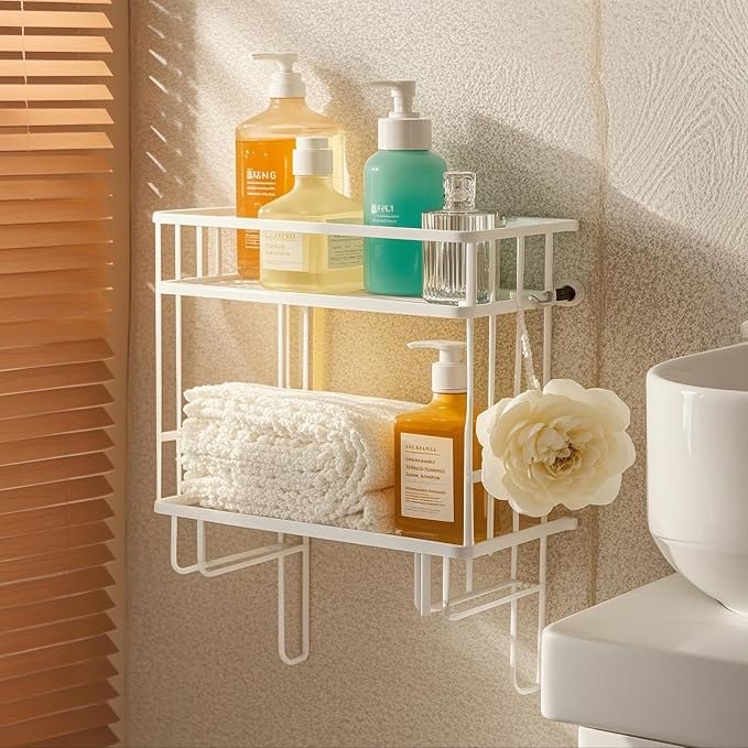 PowerKing Over The Toilet Storage Shelf, 2-Tier Bathroom Organizer Rack with 2 Hooks, No-Drill, Rust-Resistant Steel, Toilet Paper Holder for Restroom Bathroom, White