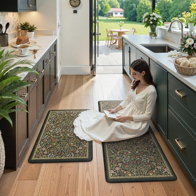 Collive Kitchen Mats for Floor 2PCS, Cushioned Anti Fatigue Rugs Non-Slip Waterproof Kitchen Sink Mat, Green Floral Standing Mat for Bar, Office, Desk, Home Decor