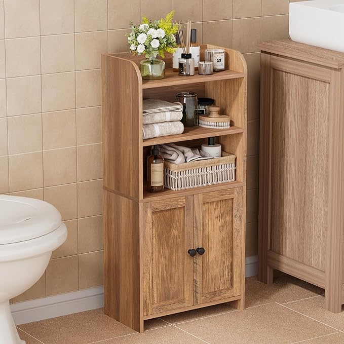 Homhedy Small Bathroom Storage Cabinet, Freestanding Toilet Paper Storage with 2 Doors and Shelves, Bathroom Organizers and Storage for Small Spaces, 7.9" D x 14.6" W x 31" H, Rustic Walnut