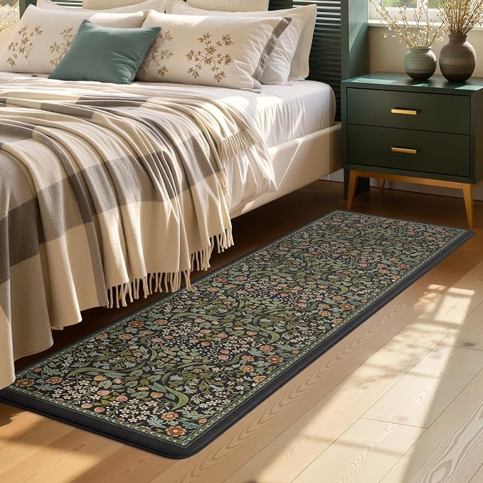 Collive Kitchen Mats for Floor, Cushioned Anti Fatigue Mat Black Floral Rugs Non Skid Waterproof Sink Rug, Memory Foam Comfort Standing Mat for Office, Laundry, Desk, 24''x71''
