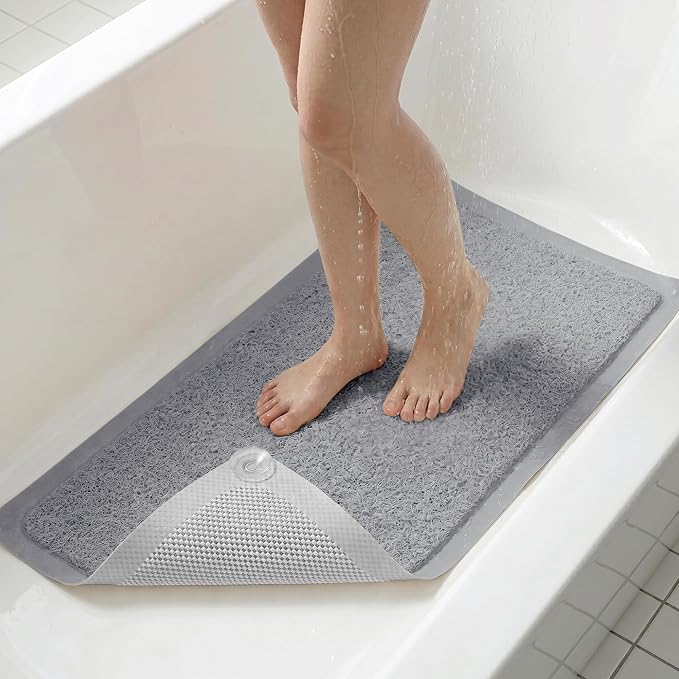 Upgraded Anti Slip Shower Mat for Inside Shower,Non Slip Bathtub Mat with Suction Cups,Shower Floor Mat,Scrubber Mats,Easy to Clean,Quick Dry,Easy Drainage,Loofah Bath Mat for Tub,Grey,17''x32''