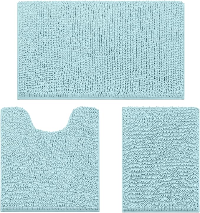 HOMEIDEAS 3 Pieces Bathroom Rugs, Ultra Soft Non Slip Absorbent Chenille Toilet Bath Mat Set (Light Blue)