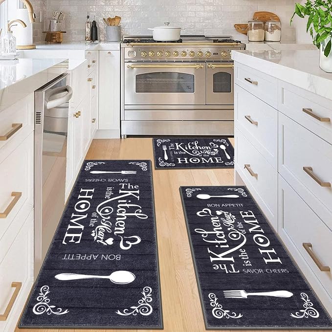 Vaukki Boho Kitchen Rug Sets 3 Pieces, Washable Kitchen Mats for Floor, Non Slip Soft Kitchen Area Rug Floor Mat for Kitchen, Laundry Room and Hallway (Black, 20''x32''+20''x47''+20''x59'')
