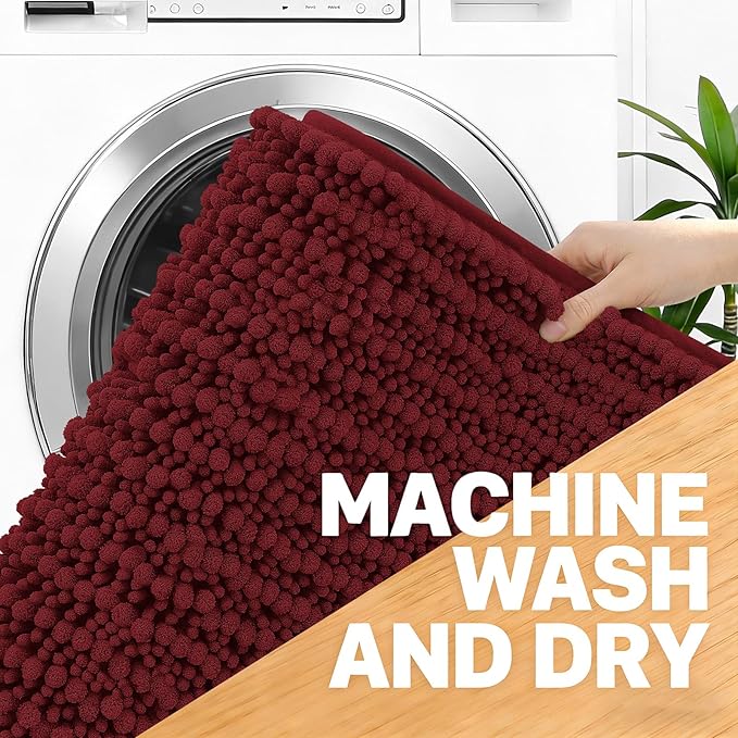 OLANLY Bathroom Rug Mat 59x35, Thick Soft and Absorbent Chenille Bath Mat, Non-Slip Rubber Backing, Machine Washable Quick Dry Bath Rugs for Tub Shower Floor, Home Decor Accessories, Burgundy