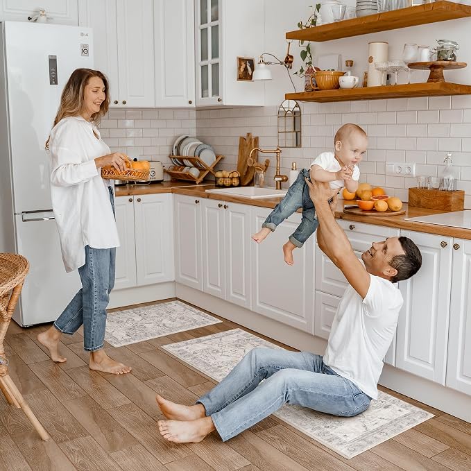 GRANNY SAYS Boho Kitchen Rug Sets of 2, Non Slip Washable Faux Wool Kitchen Mats for Floor, Thick Soft Anti-Fatigue Comfort Standing Mat Runner Rugs for Hallway Laundry Room, Beige