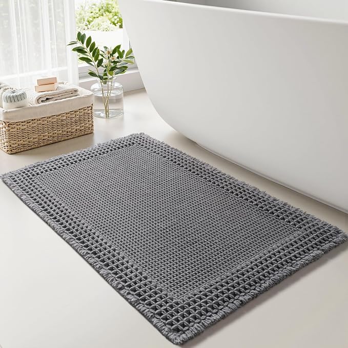 RESARE Waffle Bath Mat for Bathroom, Super Absorbent Bathroom Rugs Non Slip Machine Washable, Ultra Soft Quick Dry Boho Bath Rugs with Tassels, Farmhouse Home Decor Accessories, 24"x36" Dark Grey