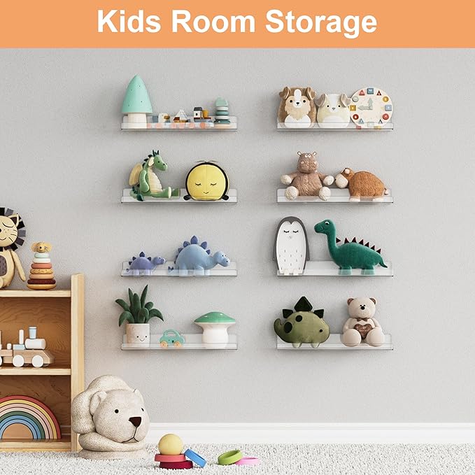 upsimples 10 Pack Acrylic Shelves Wall Organizer and Storage, 15" Display Shelf for Figure, Toy Cars, Perfume, Kids Bookshelf for Bedroom, Nursery, Craft Room, Clear