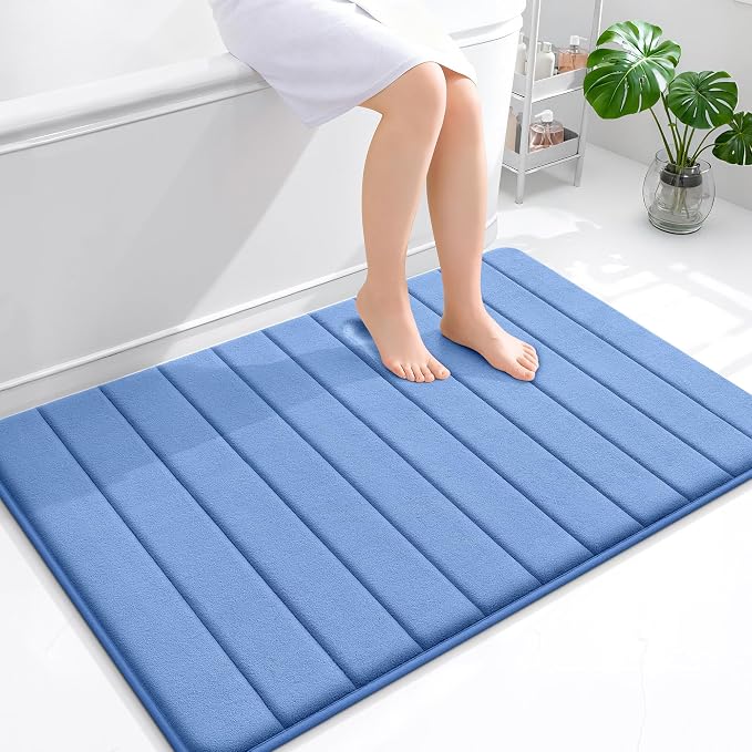 OLANLY Memory Foam Bath Mat 44x32, Super Soft Absorbent Bathroom Rugs, Quick Dry, Machine Washable Shower Floor Rugs, Bathmat Carpet, Bathroom Home Decor Accessories, Cornflower Blue