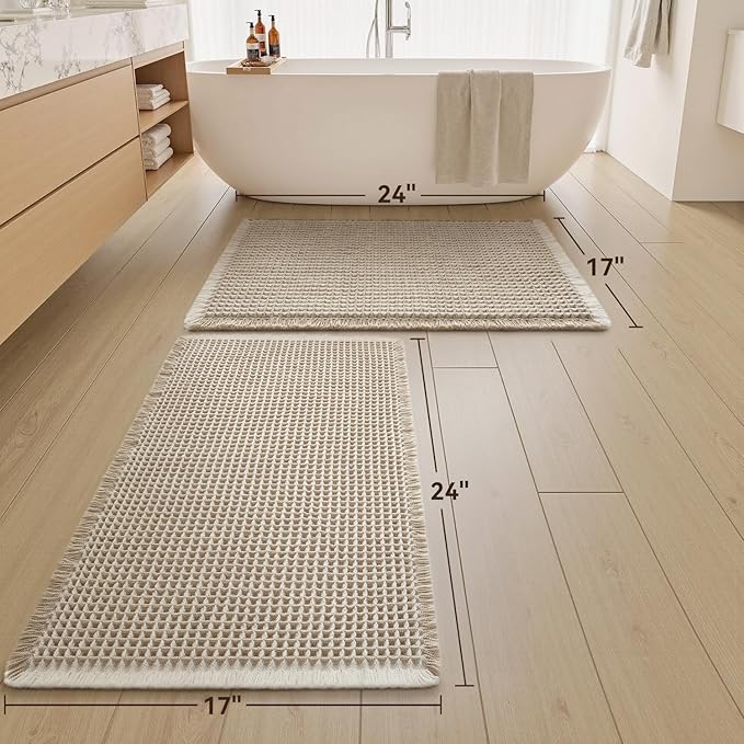 Upgraded Waffle Bath Mats Set of 2, Super Absorbent Non Slip Bath Mats for Bathroom Floor, Washable Boho Bathroom Rugs Set 2 Piece with Tassels, Soft Bathroom Mat Set, 17" x 24" (2 Pack), Brown Cream
