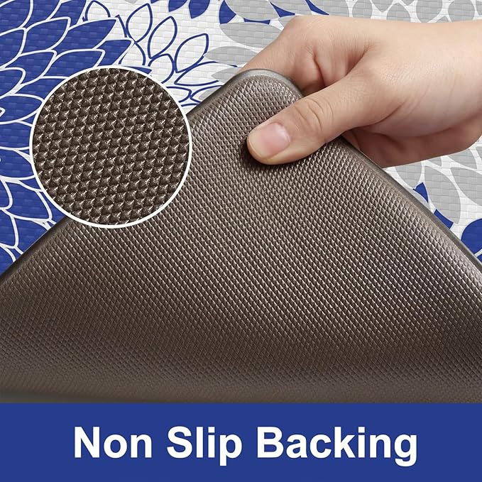 Anti Fatigue Kitchen Mats 2PCS,Boho Dahlia Kitchen Rugs Non Slip Rubber Backing, Farmhouse Waterproof Kitchen Mat for Floor,Cushioned Standing Mat for Kitchen,Laundry,Sink,Desk,Blue