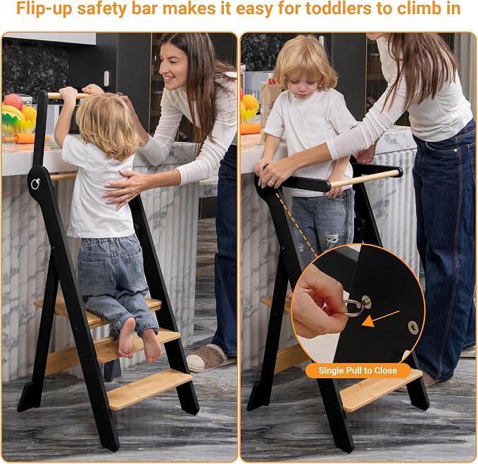 COSYLAND Foldable Toddler Standing Tower - Adjustable Height Folding Step Stool Kid Toddler Kitchen Stool for Learning and Cooking - Ages 18 Months to 6 Years with Safety Net Natural & Charcoal
